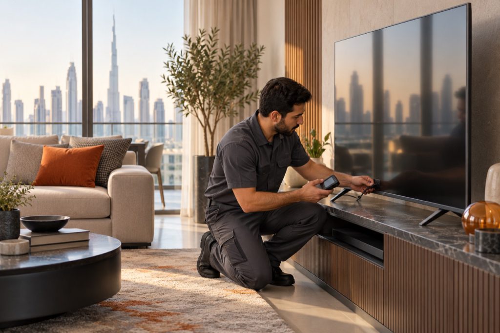 Technician assessing a flat-screen television in a Dubai home